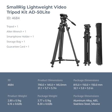 SmallRig AD-50 Lite Video Tripod, Heavy Duty Tripod with 360°Fluid Head, 62" Aluminum Alloy Travel Tripods with QR Plate, Lift Rope, Load up to 11lb for DSLR, Camcorder, Camera - Image 9