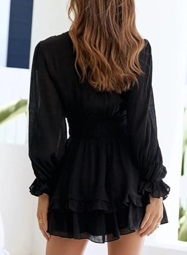 Dokotoo Dresses for Women 2025 Casual Spring Fall Sexy V Neck Ruffle Elegant Long Sleeve Empire Waist Tie Knot Chiffon Beach Tunic Swing A Line Flowy Mini Short Skater Dresses Black L - Image 2