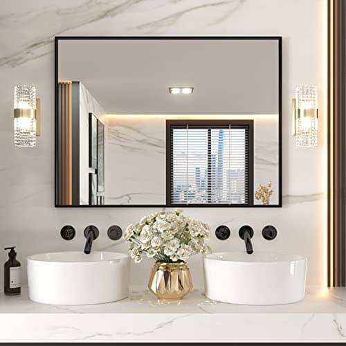 LOAAO 48"X36" Black Rectangle Bathroom Mirror Wall, Matte Black Aluminum Alloy Frame, Tempered Glass, Hangs Vertically or Horizontally, Easy to Install - Image 1