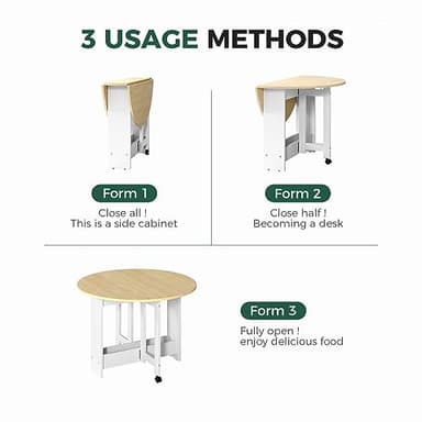 Kasshom Round Drop-Leaf Folding Dining Table, Multifunctional Convertible Dining Room Table for Kitchen/Farmhouse/Living Room, Space Saving Extendable Table with Storage Box and Wheels, Oak - Image 2