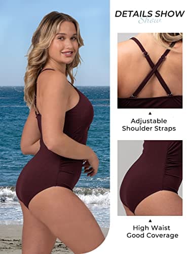 Ribbed One Piece Swimsuits for Women Button up Swimwear Tummy Control Retro Bathing Suits Wine Red Medium - Image 3
