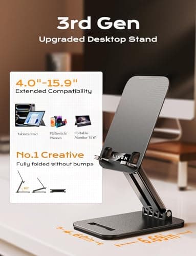 LISEN Tablet Stand for iPad Holder Desk Portable Monitor Stands, Foldable Home Office Desk Accessories Travel for iPad Holder Dorm College Essentials Fits Tabs Kindle iPhone 4-15.9" Black - Image 2