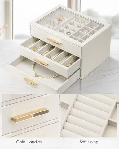 Vlando Jewelry Box for Women, Glass Lid Jewelry Organizer with 3 Drawers for Necklaces Rings Earrings Bracelets Mother Day Gift for Mom - Cloud White - Image 5