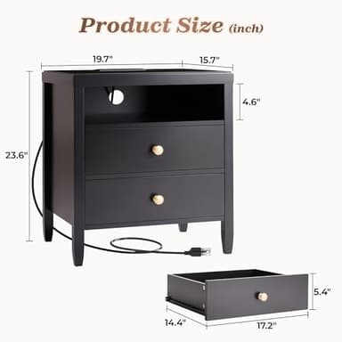 Huuger Black Nightstand Set of 2, Night Stand with Charger Station, Bedside Table with 2 Drawers, Bed Side Tables for Bedroom, Modern Nightstands, Metal Knobs, Painted Surface - Image 2