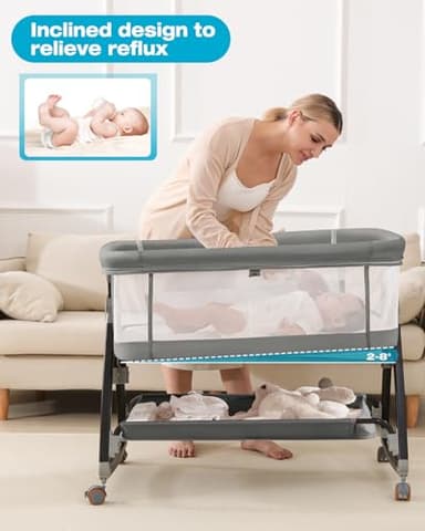 wayfong Baby Bassinet, Bassinet Bedside Sleeper with Wheels, Breathable Mesh Bedside Bassinet for Baby, Mosquito Net, Storage Basket, 6 Height Adjustable, Easy to Fold, Grey - Image 3