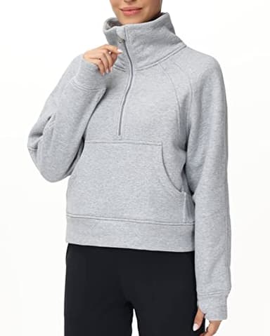 THE GYM PEOPLE Women's Half Zip Pullover Sweatshirt Fleece Stand Collar Crop Sweatshirt with Pockets Thumb Hole Grey - Image 3