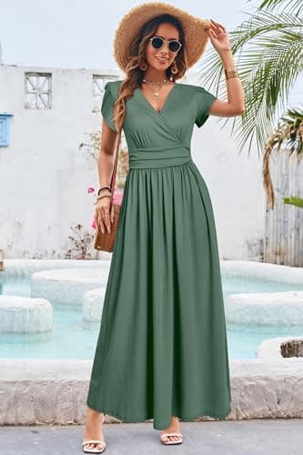 OUGES Short Sleeve Summer Maternity Maxi Dresses for Women 2025 Wrap V Neck Wedding Guest Dress Casual Spring Long Dress(Gray Green,M) - Image 2