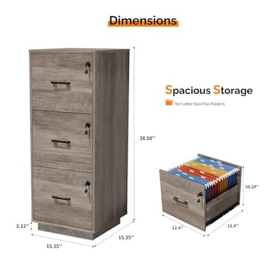 VINGLI 3 Drawer File Cabinet with Lock, Home Office Filing Organizer, for Letter Size File Folder Storage, Wood Tall Vertical Filing Cabinet, Printer Stand, Archivador (Rustic Gray) - Image 3