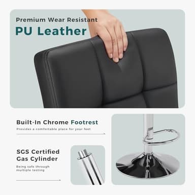 SMUG Bar Stools Set of 4, PU Leather Adjustable Swivel Barstools with Back, Armless Hydraulic Kitchen Counter Height Bar Stools, Thickened Seat Cushion Square Island Barstools - Image 4