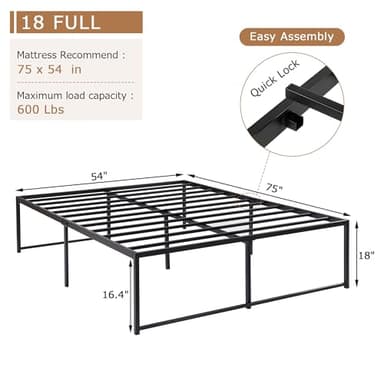 VECELO 18" Full Bed Frame Tall Metal Platform/Mattress Foundation/No Box Spring Needed - Image 2