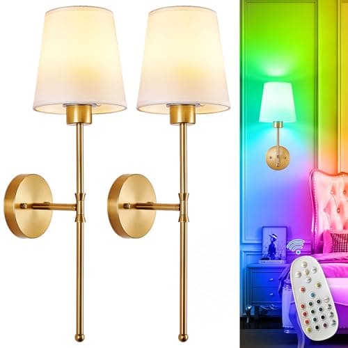 Depuley Battery Operated Wall Sconce: Set of 2 Wireless Wall Lights with Remote for Bedroom - Rechargeable 15 Colors Gold Wall Lamp for Living Room Hallway - Image 1