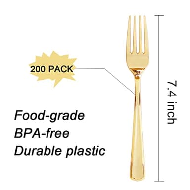 Liacere 200pcs Gold Plastic Forks - Heavyweight - 7.4 Inch Heavy Duty Forks - Gold Plastic Silverware Perfect For Parties & Weddings & Restaurants & New Year And Daily Using&Fall Decor - Image 2