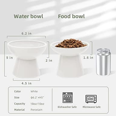 CEEFU 2 Elevated Ceramic Cat Bowls Extra Wide for Food & Water – Whisker Fatigue Shallow Food Dish, Lead & Cadmium-Free, Raised Height for Cats and Dogs, Two Different Depth Bowls, White - Image 3