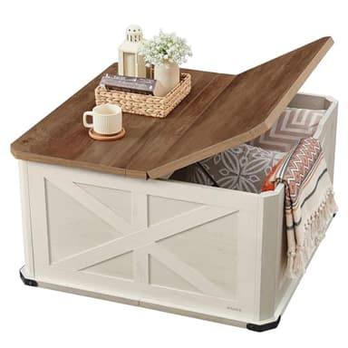 VASAGLE Farmhouse Coffee Table with Storage, Square Coffee Table for Living Room, Center Table with Flip-Top Lids, Honey Brown and Rustic White ULCT232W73 - Image 1