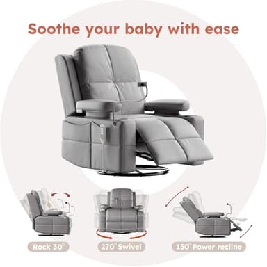 MAMAZING Rocking Chair Nursery with Adjustable Armrests, Electric Glider Recliner Nursing Chair for Breastfeeding, Power Swivel Recliner Chairs with USB Port and Storage, FSC Certified (Haze) - Image 6