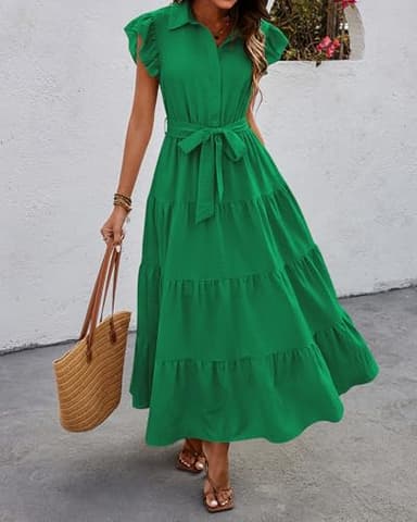 dowerme Women's Summer Casual Dresses 2025 Cap Ruffle Sleeve V Neck Button Belted Tiered Boho Maxi Dress with Pockets(Bright Green,Medium) - Image 2
