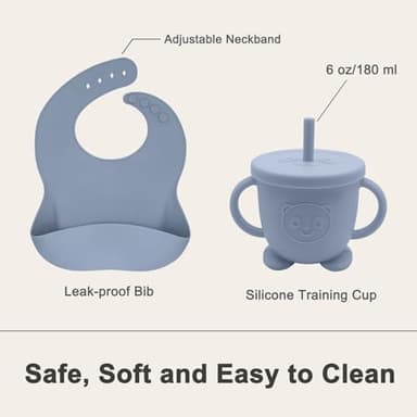 Munlinder Silicone Baby Feeding Set | Baby Led Weaning Supplies Includes Suction Bowls and Divided Plates, Adjustable Bib, Baby Utensils Spoons and Forks,Cup | Baby Feeding Essentials (Blue Gray) - Image 4