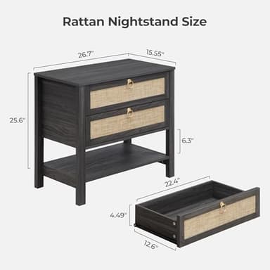 SICOTAS Night Stand Set of 2, Large Nightstand with Drawers and Storage Shelf - Rattan Boho Bedside Table Narrow Side Table for Bedroom, Small Space - Image 2