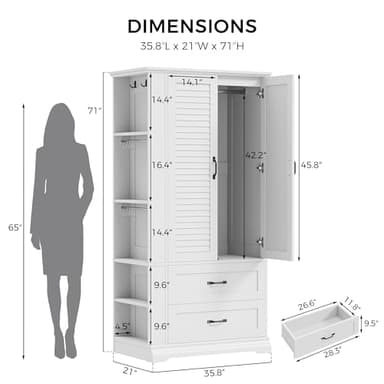 IRONCK Armoire Wardrobe Closet, 70.87" H Wooden Bedroom Armoire with 2 Louvered Doors, 2 Drawers and Shelves, Large Freestanding Clothing Storage Cabinet, White - Image 6