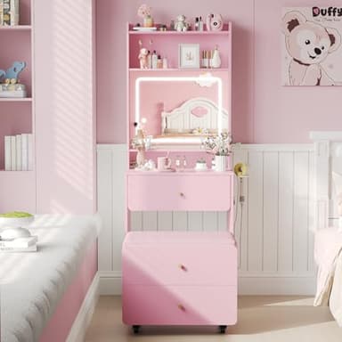 Vabches Small Vanity Desk Set with 3 Adjustable Lighted Mirror and Storage Chair, Vanity Set with Charger Station, Small Spaces Vanity Table for Bedroom，Pink - Image 2
