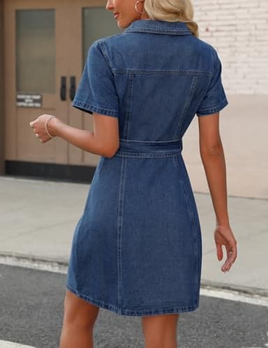 Nitzana Women's Denim Dress Summer Short Sleeve Jean Dress Button Down Denim Shirt Dresses with Pocket 2025 Trendy Outfits(Dark Blue,M) - Image 2