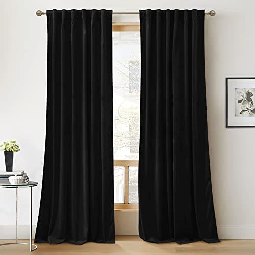 RYB HOME Velvet Curtains 120 inches - Blackout Heavy Duty Curtains Soft Luxury Back Tap Window Covering Privacy Blinds for Kids Room Bathroom Bedroom, Black, W52 x L120 inches, 2 Panels - Image 1