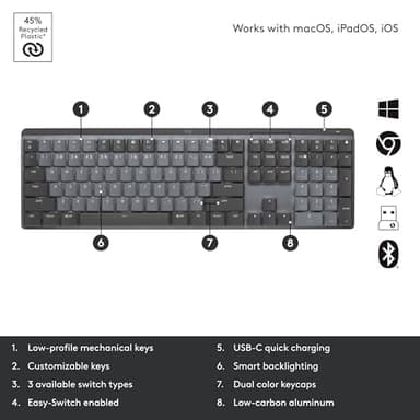 Logitech MX Mechanical Wireless Illuminated Performance Keyboard, Tactile Quiet Switches, Backlit Keys, Bluetooth, USB-C, macOS, Windows, Linux, iOS, Android, Metal, ‎Graphite - Image 8