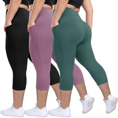 HLTPRO 3 Pack Plus Size Capri Leggings with Pockets for Women - High Waisted Soft Workout Tummy Control Yoga Pants 2X-Large - Image 1