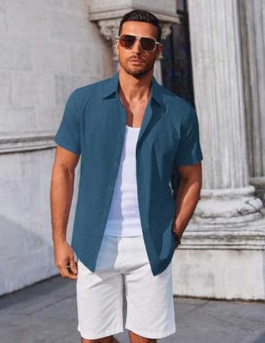 COOFANDY Mens Short Sleeve Button Down Shirts Linen Shirt Summer Beach Top Deep Blue - Image 3