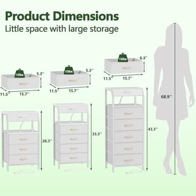 Furnulem 5 Drawers Dresser with Charging Station, Tall Night Stand with Open Shelf, Storage Tower with PVC & Fabric Drawer, Bedside Table for Bedroom, Closet, Entryway, 3 Ways to Use, White - Image 9