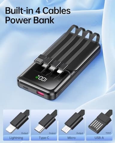Portable Charger with Built in Cable - 20000mAh Fast Charging 22.5W Slim Power Bank USB C LED Display Travel Battery Pack 5 Outputs & 3 Inputs for iPhone Samsung Android iPad Phones Tablets etc - Image 2