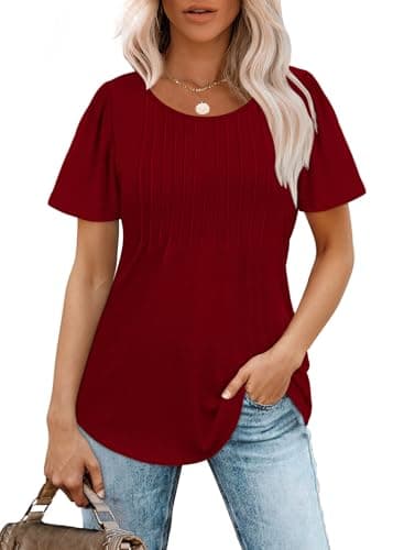 Summer T Shirts for Women Dressy Casual Short Sleeve Blouses Pleated Front Trendy Valentine's Day Shirts Going Out Tops Wine Red L - Image 2