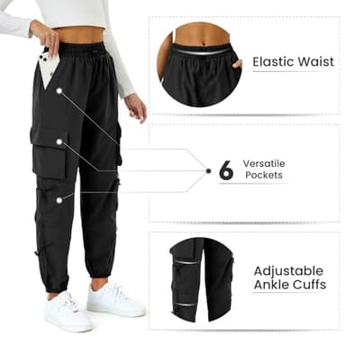 COPYLEAF Womens Parachute Cargo Pants with Pockets Quick Dry Hiking Pants Lightweight Water-Resistant Baggy Joggers(Black XXL) - Image 5