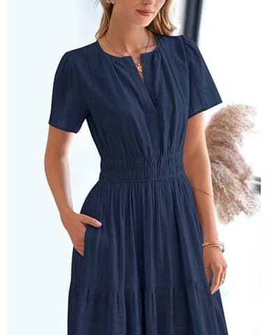 BTFBM Womens Summer 2025 Casual Midi Maxi Dresses Lightweight Short Sleeve V Neck Elastic Waist Boho Beach Dress Pockets(Navy, Large) - Image 6