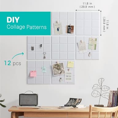 Cork Board for Walls 48" x 36", Bulletin Board for Office Decor, 12 Pack Felt Wall Tiles with Safe Removable Adhesive, Pin Tack Corkboard for Quilting Design & Dart Wall Protector - White - Image 5