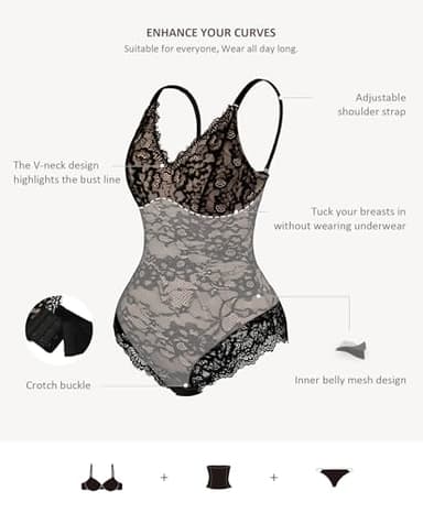 FeelinGirl Shapewear Bodysuit Women Tummy Control Lace Shapewear V Neck Backless Tank Top Thong Body Shapewear Black M - Image 3