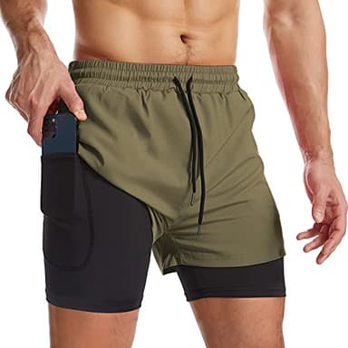 Surenow Mens 2 in 1 Running Shorts Quick Dry Athletic Shorts with Liner, Workout Shorts with Zip Pockets and Towel Loop Green - Image 1