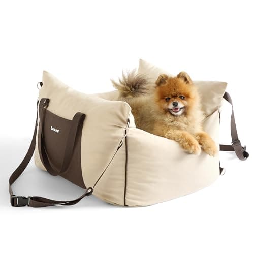 Lesure Small Dog Car Seat for Small Dogs - Dog Booster Seat for Car with Waterproof Bottom, Clip-On Safety Leash and Thickened Memory Foam Filling, Pet Carseat Puppy Travel Carrier Bed, Beige - Image 1