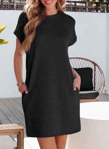 EVALESS Cute Dresses for Women Spring Summer Dress 2025 Fashion Short Sleeve Mini Dress Crewneck Vacation Tshirt Dresses with Pockets Black X-Large - Image 5