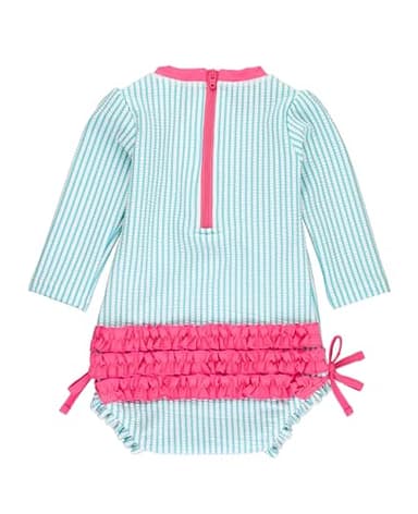 RuffleButts Bright Aqua Seersucker Long Sleeve One Piece Rash Guard - 3-6m - Image 2