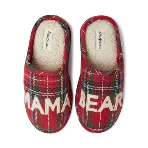 Dearfoams Women's Gifts for Mom Cute Cozy Mothers Day Mama Bear Slipper, Tartan Plaid, 7-8 - Image 1