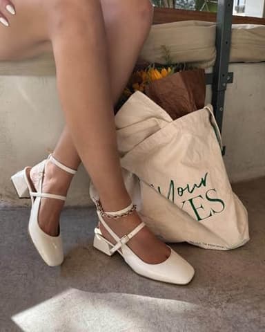 Coutgo Womens Mary Jane Chunky Low Heels Closed Square Toe Ankle Strap Pumps Wedding Party Dress Shoes, White, Size 9 - Image 2