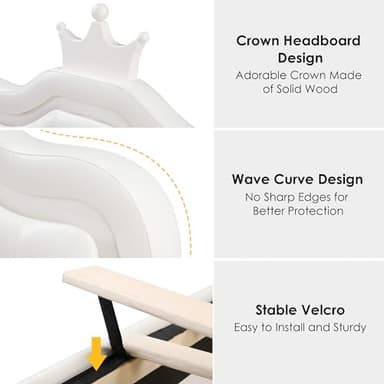 Keyluv Full Upholstered LED Bed Frame with Storage Drawer, Leather Princess Platform Bed with Adjustable Crystal Button Tufted Crown Headboard, Solid Wooden Slats Support, No Box Spring Needed, White - Image 7