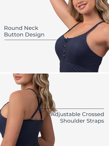 Ribbed One Piece Swimsuits for Women Button up Swimwear Tummy Control Retro Bathing Suits Dark Blue Large - Image 5