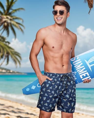 Gleeease Mens Lined Swim Trunks: 7 inch Quick Dry Stretchy Soft with Mesh Liner Sea Beach Pool Water Sport Coconut Tree Navy - Image 3