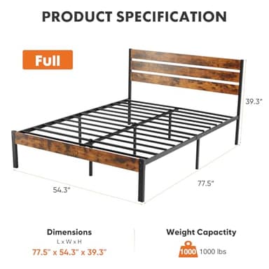 Sweetcrispy Full Size Bed Frame with Headboard, 800LBS Mattress Foundation with All Sturdy Metal Support, Under Bed Storage, No Box Spring Needed, Easy Assembly, Rust Brown - Image 2