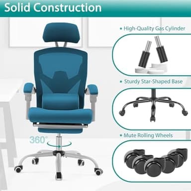 DUMOS Home Office Desk Chair with Footrest, High-Back Mesh Rolling Swivel Reclining Chairs with Wheels, Comfortable Headrest, Lumbar Support, Comfy Arms for Home, Office, Gaming, Student, Elegant Blue - Image 8