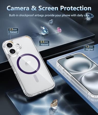 FNTCASE for iPhone 16 Plus Case: Clear Case Magnetic Military Grade Drop Protection Anti Yellowing Cell Phone Cover - Rugged Shockproof Protective Bumper Transparent Cases(F-Purple) - Image 5