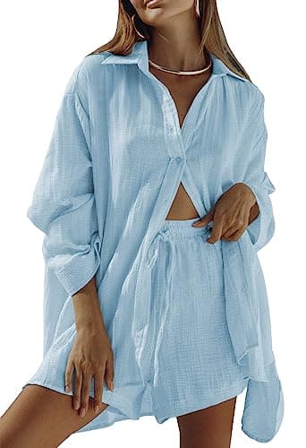 Fixmatti Womens 2 Piece Sweatsuit Sets Oversized Blouse Top High Waist Shorts Loose Loungewear Outfit Blue S - Image 1
