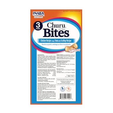 Inaba Churu Bites for Cats, Soft Baked Chicken Churu Filled Cat Treats with Vitamin E, 0.35 Ounces Each Tube, 24 Tubes Total (3 Per Pack), Tuna with Scallop Recipe - Image 2